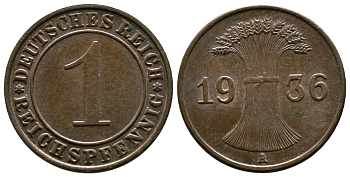 Германия 1 рейхспфенниг 1936 A KM 37, J. 313 бронза 220-148