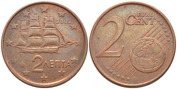 ГРЕЦИЯ 2 ЕВРОЦЕНТА 2002 KM 182 сталь плакированная медью 112-859