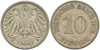 ГЕРМАНИЯ 10 ПФЕННИГОВ 1912 E KM 12, J. 13, Weege 8 медно-никель 212-217