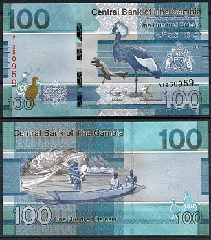 Гамбия 100 даласи 2019 венценосные журавли, рыбаки Pick 41 a  бумага  UNC (пресс) 448-73-3
