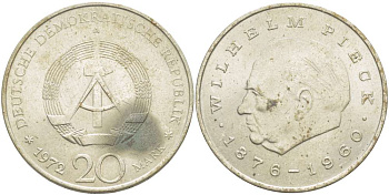 ГДР 20 марок 1972 А, Вильгельм Пик (1876-1960) KM 42 медно-никель 4521-443
