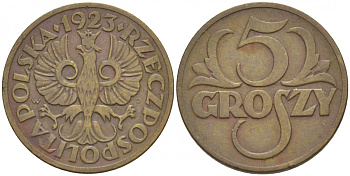 ПОЛЬША 5 ГРОШЕЙ 1923 KM 10 латунь 4549-154