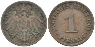 ГЕРМАНИЯ 1 ПФЕННИНГ 1909 А KM 10, J. 10 медь 201-932