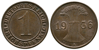 Германия 1 рейхспфенниг 1936 A KM 37, J. 313 бронза 220-148