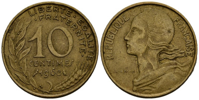 Франция 10 сантимов 1968 KM 929 алюминиевая бронза 4138-337