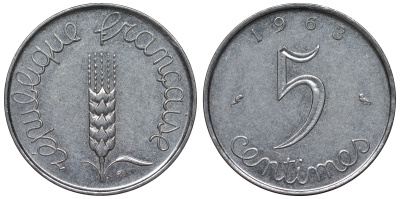 Франция 5 сантимов 1963 KM 927, Le Franc 124.5 хромированная сталь 4128-135