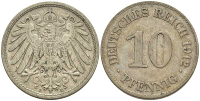 ГЕРМАНИЯ 10 ПФЕННИГОВ 1912 E KM 12, J. 13, Weege 8 медно-никель 212-217