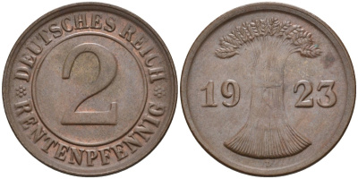 Германия 2 рентенпфеннига 1923 D KM 31, J.307, Weege 3 медь 4584-554