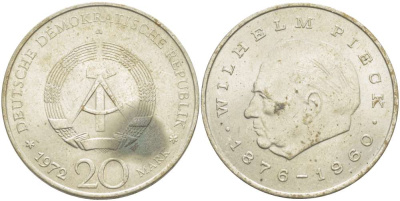 ГДР 20 марок 1972 А, Вильгельм Пик (1876-1960) KM 42 медно-никель 4521-443