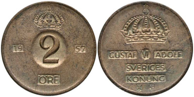 Швеция 2 эре 1957 TS, Густав VI Адольф (1950-1973) KM 821 бронза 202-635