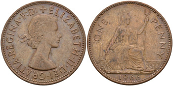Великобритания 1 пенни 1966 Елизавета II (1952-2022) KM 897, Spink 4157 бронза 4574-311
