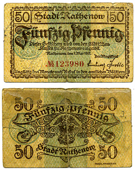 РАТЕНОВ 50 ПФЕННИГОВ 1917 1 МАЯ 1917, НОТГЕЛЬД, ЗЕМЛЯ БРАНДЕНБУРГ Grabowski R8.1c бумага 2193-12-3-1