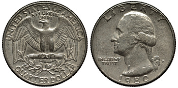 США 25 центов (квотер) 1980 Вашингтон KM А164а медь плакированная медно-никелем 186-841