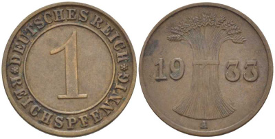 ГЕРМАНИЯ 1 РЕЙХСПФЕННИГ 1933 A KM 37, J. 313, Weege 2 бронза 211-124