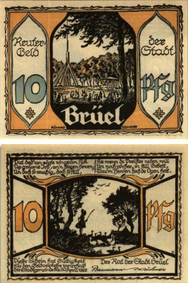 БРЮЭЛЬ 10 ПФЕННИГОВ 1922 НОТГЕЛЬД, 30 АПРЕЛЯ 1922, ЗЕМЛЯ МЕКЛЕНБУРГ-ПЕРЕДНЯЯ ПОМЕРАНИЯ Grabowski 191.1 бумага 6318-45-3-1