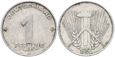 ГДР 1 пфеннииг 1952 A KM 5 алюминий 4596-541