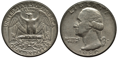 США 25 центов (квотер) 1980 Вашингтон KM А164а медь плакированная медно-никелем 186-841