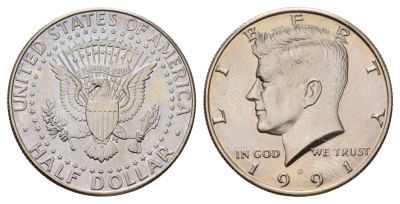 США 1/2 доллара (50 центов) 1991 D, Джон Кеннеди KM A202b медь плакированная медно-никелем UNC 4672-644