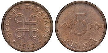 ФИНЛЯНДИЯ 5 ПЕННИ 1972 KM 45 медь 3334-1055