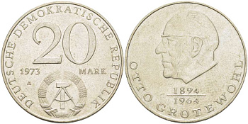 ГДР 20 марок 1973 А, Отто Гротеволь (1894-1964) KM 47 медно-никель 4521-533