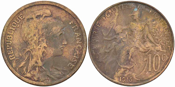 ФРАНЦИЯ 10 САНТИМОВ 1915 ТИП ДАНИЭЛЬ ДЮПЮИ KM 843, LA FRANC 136.25 бронза 109-345