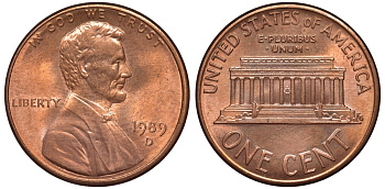США 1 цент 1989 D, Линкольн KM 201b цинк плакированный медью 4547-1032