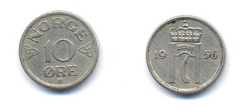 НОРВЕГИЯ 10 ЭРЕ 1956 ХОКОН VII KM 396 медно-никель 51-5214