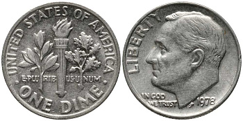 США 10 центов (дайм) 1978 Рузвельт KM 195а медь плакированная медно-никелем  112-651