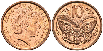 Новая Зеландия 10 центов 2014 маска Маори, Елизавета II (1952-) KM 117а сталь плакированная медью 73-1045