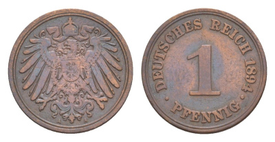 Германия 1 пфенниг 1894 A, Вильгельм II (1888-1918) KM 10, J. 10 медь 4639-1111