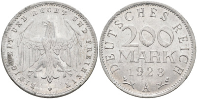 Германия 200 марок 1923 A KM 35, J. 304, Weege 22 алюминий UNC 4586-242