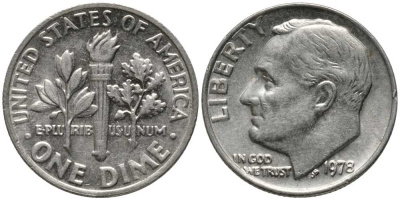 США 10 центов (дайм) 1978 Рузвельт KM 195а медь плакированная медно-никелем  112-651