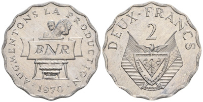 Руанда 2 франка 1970 FAO KM 10 алюминий  UNC  4610-416