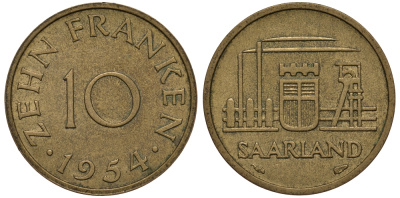 Саарланд 10 франков 1954 индустрия KM 1 алюминиевая бронза 413-4923