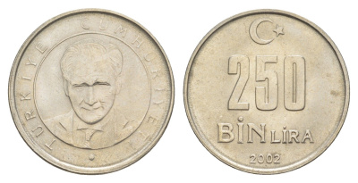 Турция 250000 лир 2002 Кемаль Ататюрк KM 1137 медь цинк никель 4648-1227