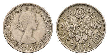 Великобритания 6 пенсов 1957 Елизавета II (1952-2022) KM 903 медно-никель 4697-962
