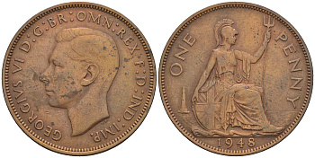 Великобритания 1 пенни 1948 Георг VI (1936-1952) KM 845, Spink 4114 бронза 4607-1244
