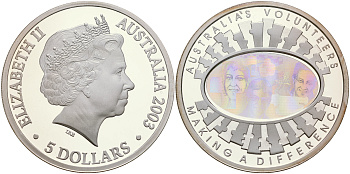 Австралия 5 долларов 2003 волонтеры Австралии, голограмма KM 1017 серебро PROOF 1066-3-35