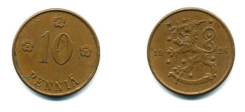 Финляндия 10 пенни 1924 республика (1918-1962) KM 24 медь 46-1232