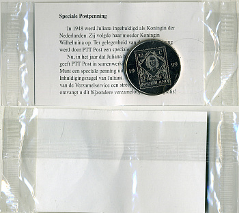 Нидерланды жетон постпфенниг 1999 50 лет первой почтовой марке с Юлианой, запайка, диаметр 30 мм. медно-никель UNC 1-6-1-11
