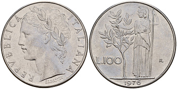 Италия 100 лир 1976 R, Афина у оливкого дерева KM 96.1 нержавеющая сталь 4131-1241