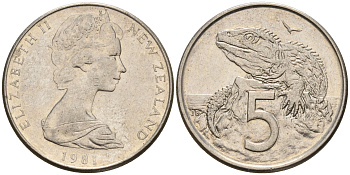 Новая Зеландия 5 центов 1981 ящерица гаттерия, Елизавета II (1952-) KM 34.1 медно-никель 4602-665