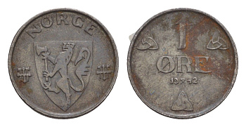 Норвегия 1 эре 1942 Хокон VII (1905-1957) KM 387 железо 4658-122