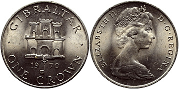 Гибралтар 1 крона 1970 Елизавета II (1952-2022), старый замок KM 4 медно-никель UNC 74-813