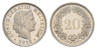 Швейцария 20 раппенов 2012 B KM 29a медно-никель aUNC 4651-433