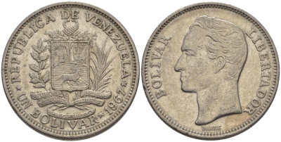 Венесуэла 1 боливар 1967 Симон Боливар KM 42 никель 31-524