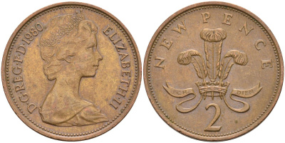 Великобритания 2 пенса 1980 Елизавета II (1952-2022) KM 916, Spink 4235 (C1) бронза 4593-834