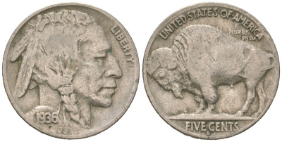 США 5 центов 1936 S, индеец, бизон KM 134 медно-никель 4614-1248