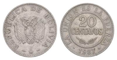 Боливия 20 сентаво 1987 KM 203 нержавеющая сталь 4649-839