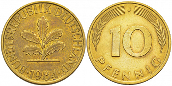 ФРГ 10 ПФЕННИГОВ 1984 J KM 108, J.383 сталь плакированная латунью 3718-831